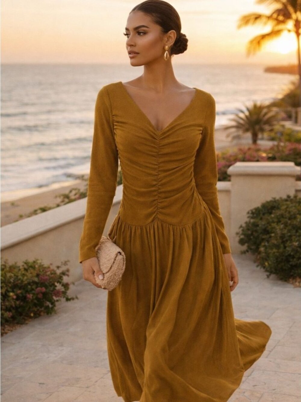InWear Ruched Midi Dress Mustard Yellow Small Long Sleeve Chic Feminine Romantic